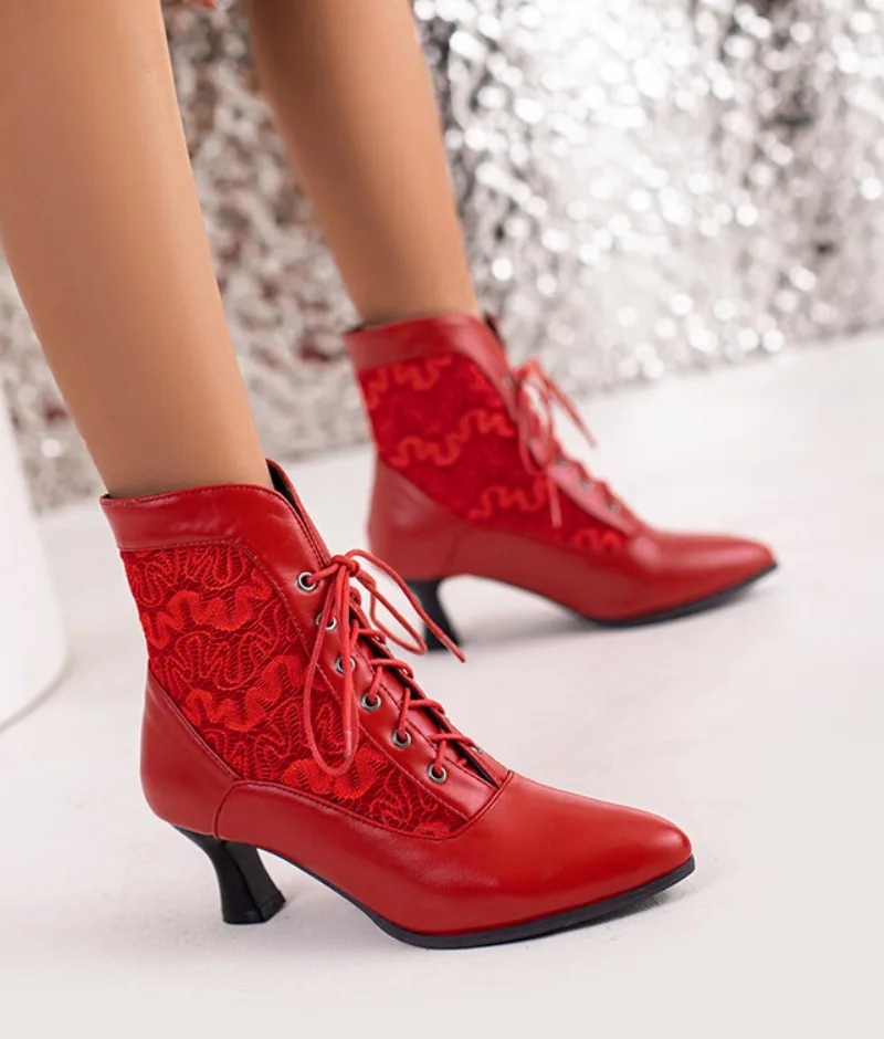 Women Ankle Boots Leather Lace Heel Shoes for Women Fashion Lace Up Spliced Ladies High Heels Woman Boots Ankle 46