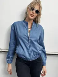 2023 Women Fashion Zip Up Pocket Denim Jacket Autumn Long Sleeve Casual Coat Drop Shoulder Street Jean Outwear For Female