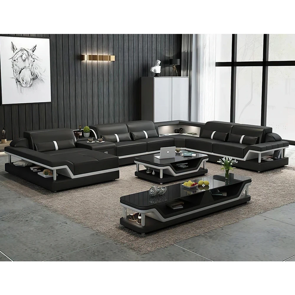 Linlamlim Modern Minimalist Genuine Leather Sectional Sofa Set with Built-in Storage & Glass Coffee Table & TV Stand Living Room