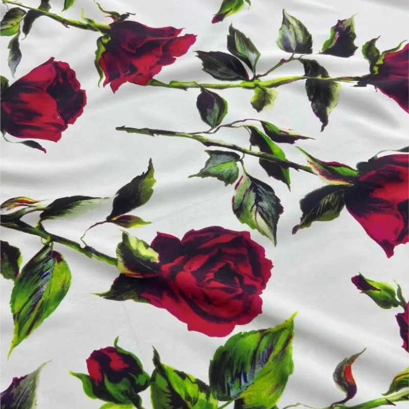 New white base rose printed elastic double crepe silk fabric shirt dress