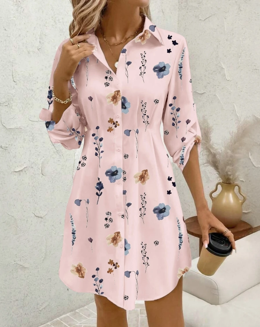 Women's Autumn Fashion Flower Print Long Sleeve Midi Dress Femme Casual Shirt Dress Slim Waist Beach Dress