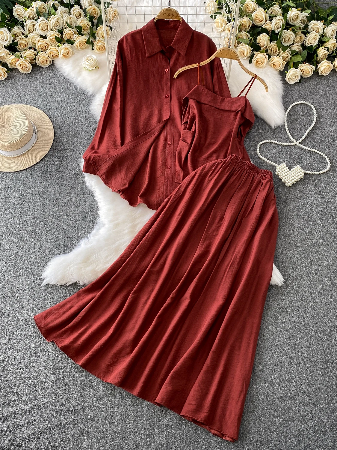 

Korean Sle Long Sve Sun Protection irt High Waist Skirt Slimming Base Tank Top Tee Piece Set Women's Faion