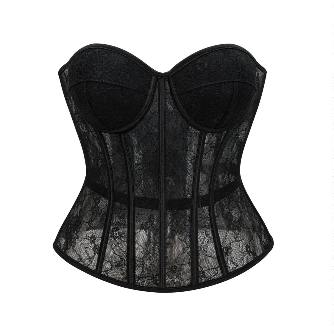 Noir voir à travers la dentelle florale désossé Push Up tasse Corset Lingerie corps Shaper femme Bustier haut court gothique exotique Corsetto Nero