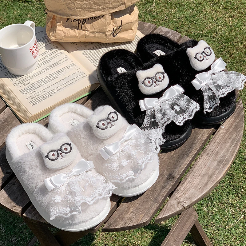 الشتاء رقيق النعال عدم الانزلاق أفخم أحذية منزلية مع مقوس دانتيل الترا لينة شبشب منزل للنساء الرجال الدافئة المنزل مكتب الاستخدام