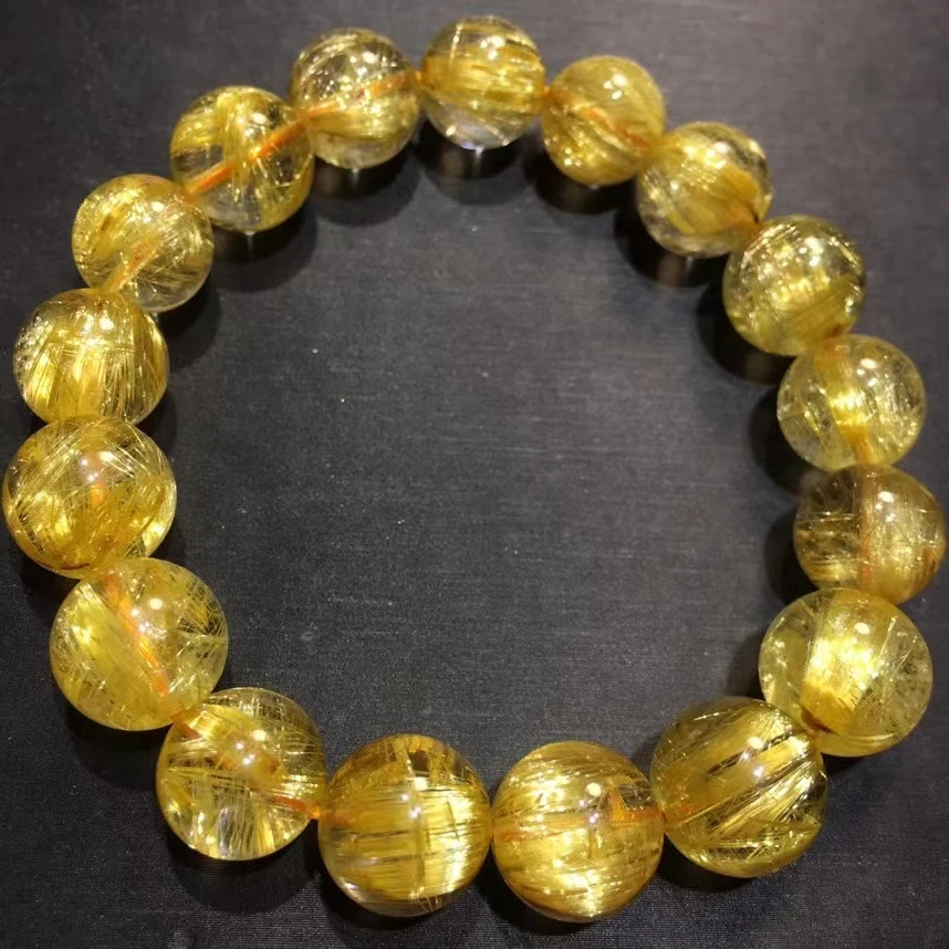 Natural Gold Rutilated Titanium Quartz Woman Men Wealthy Clear Round Beads 12mm Jewelry From Brazil AAAAAAA