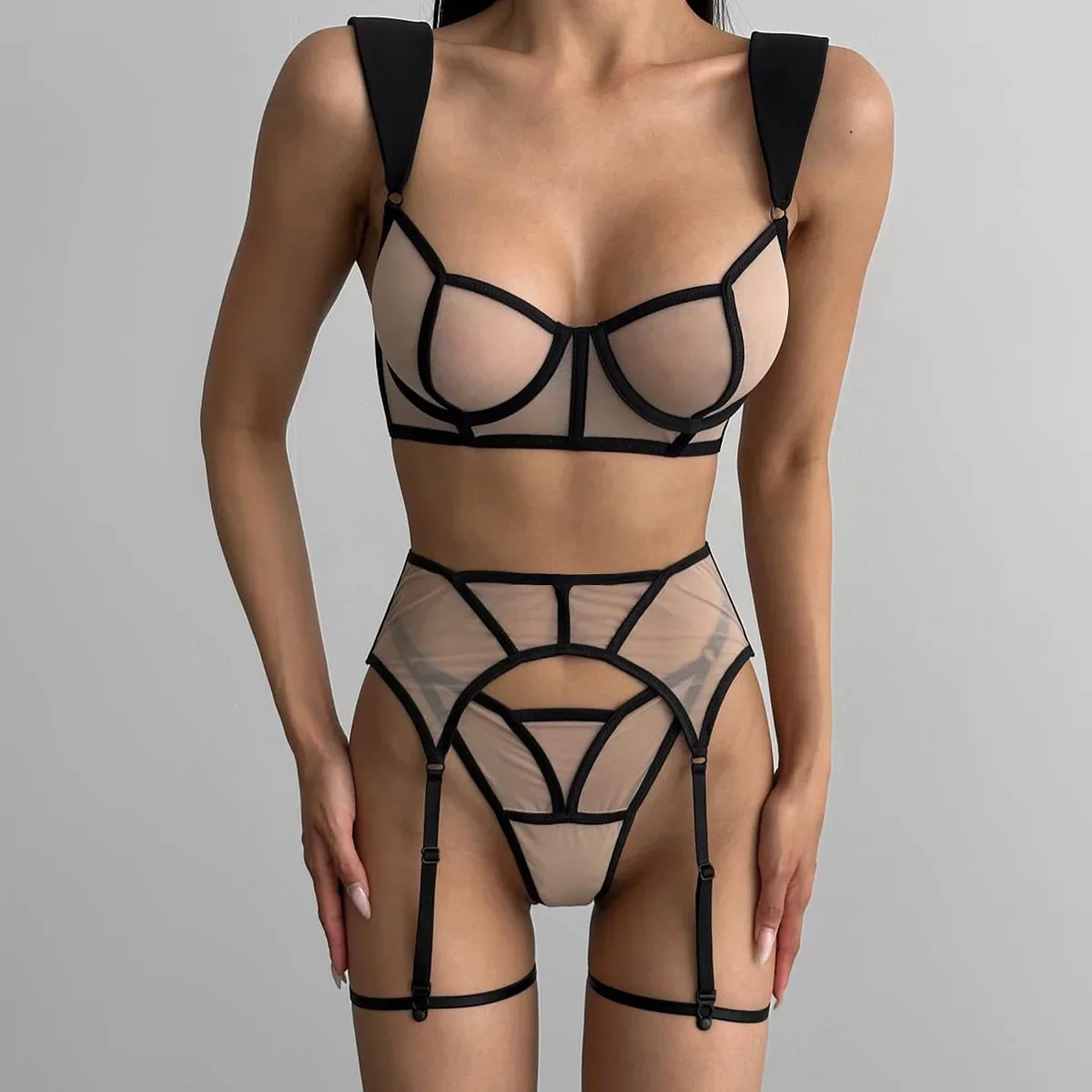 Novo conjunto de quatro peças divertido de venda quente, sexy e confortável perspectiva malha conjunto de roupa interior terno do corpo traje porno sexy feminino aberto