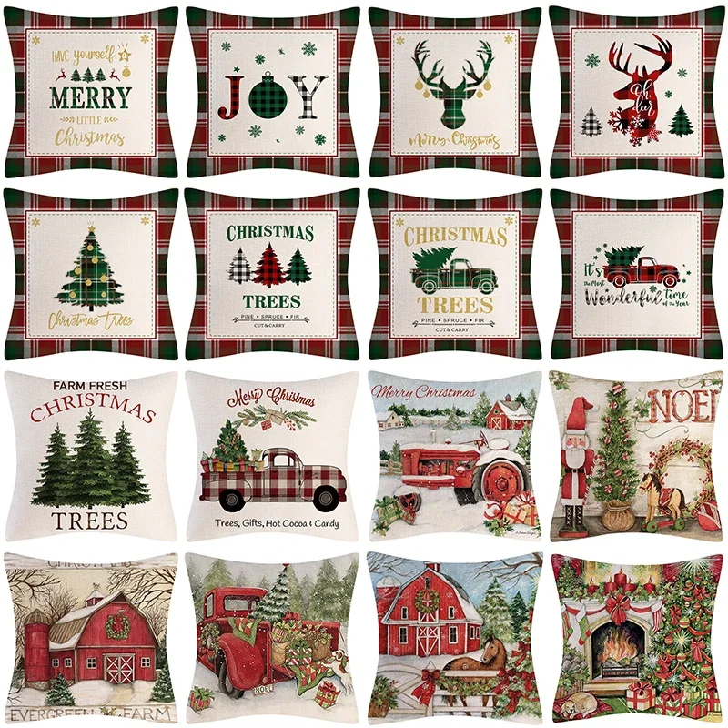 2024 Christmas Decor Cushion Cover Truck Antlers Plaid Printed Pillowcases Home Decorative Linen Pillow Cover Merry Christmas