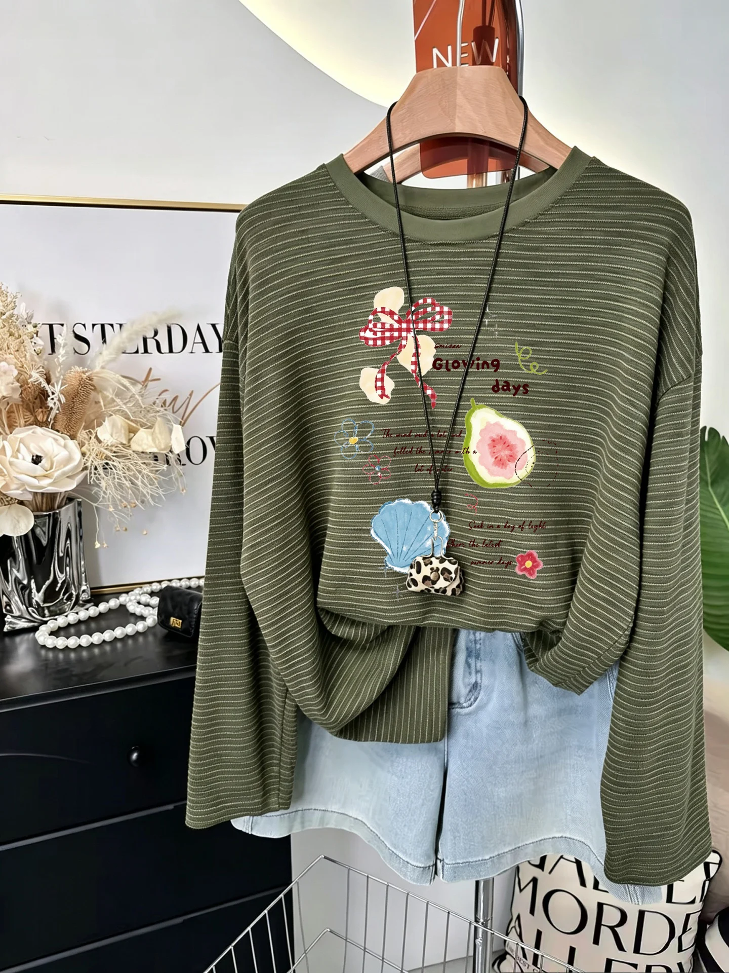 Retro American Long Sleeve T-Shirt Women's Draped Lazy Korean Style Print round Neck Spring Autumn Base Shirt Pure Cotton
