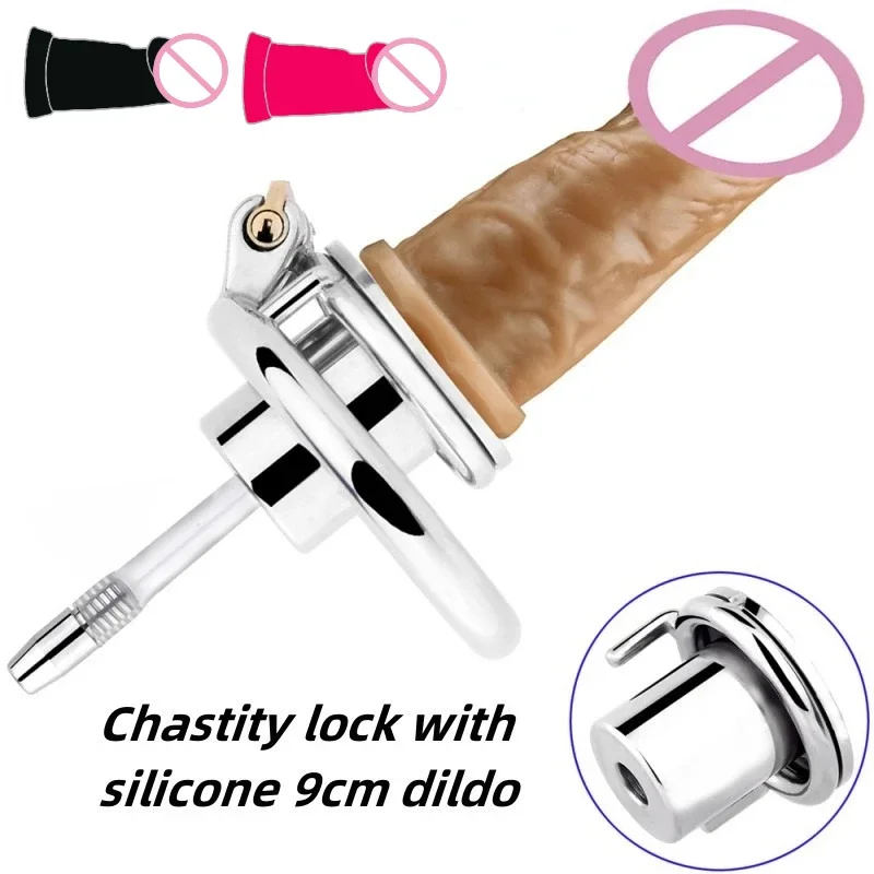 Stainless Steel Negative Chastity Lock with Silicone Dildo Catheter Cock Cage Male Abstinence Chastity Belt Male Erotic Sex Toys