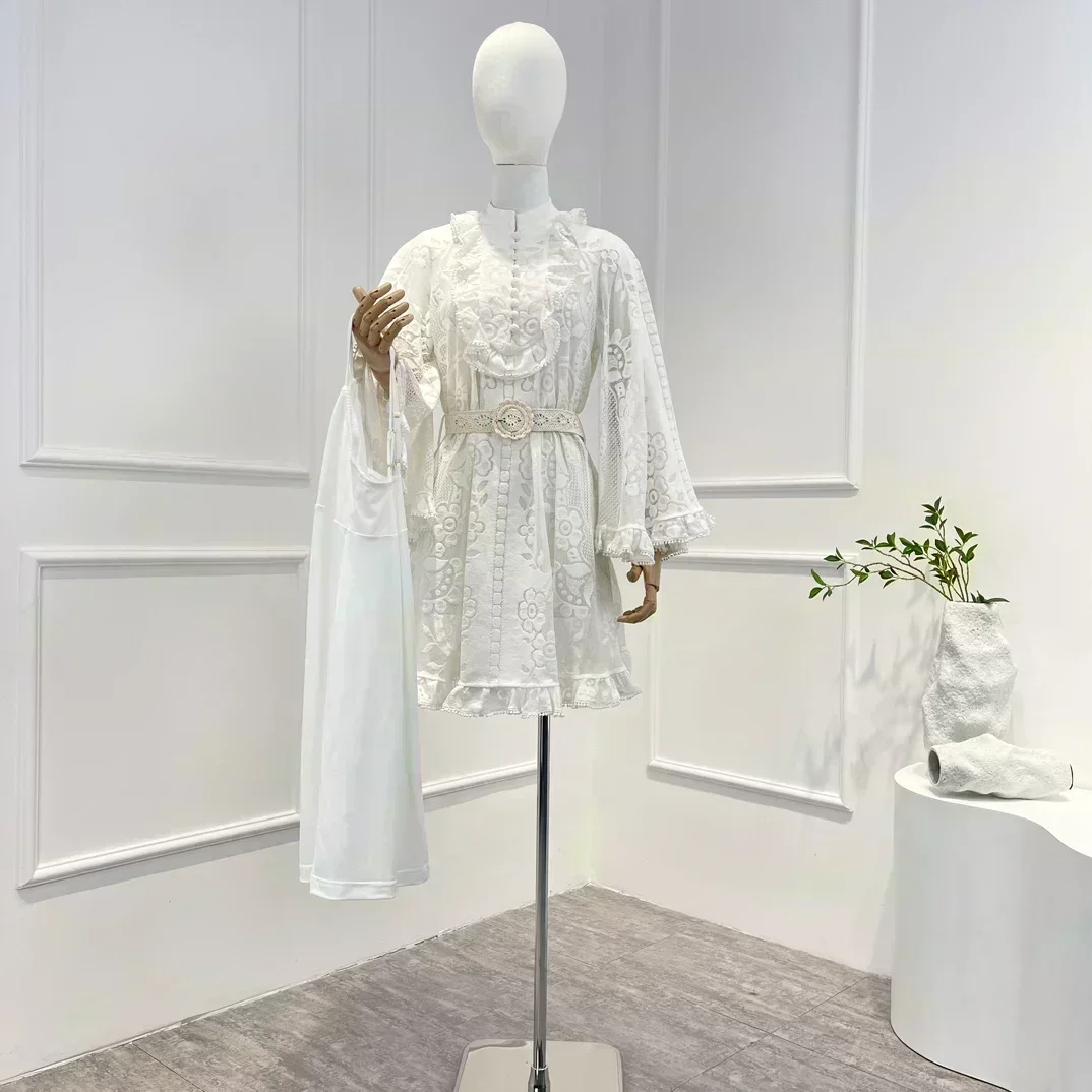 

2023 Spring Summer High Quality Solid White Embroidery Frill Ruffle Mini Dresses with Belt for Women