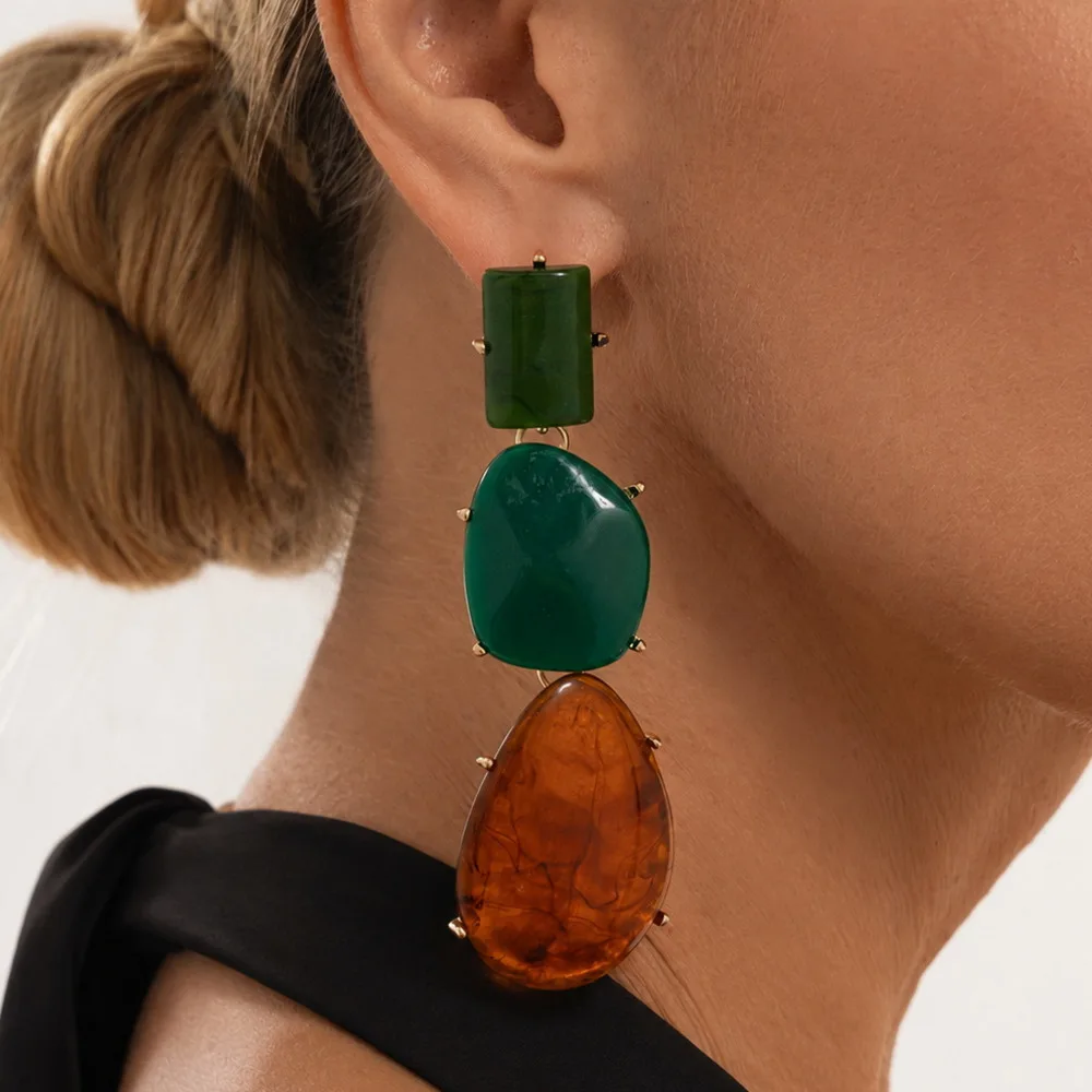 KunJoe Vintage Geometric Resin Splicing Pendant Earring for Women Classic Long Waterdrop Shaped Piercing Ear Jewelry Accessories