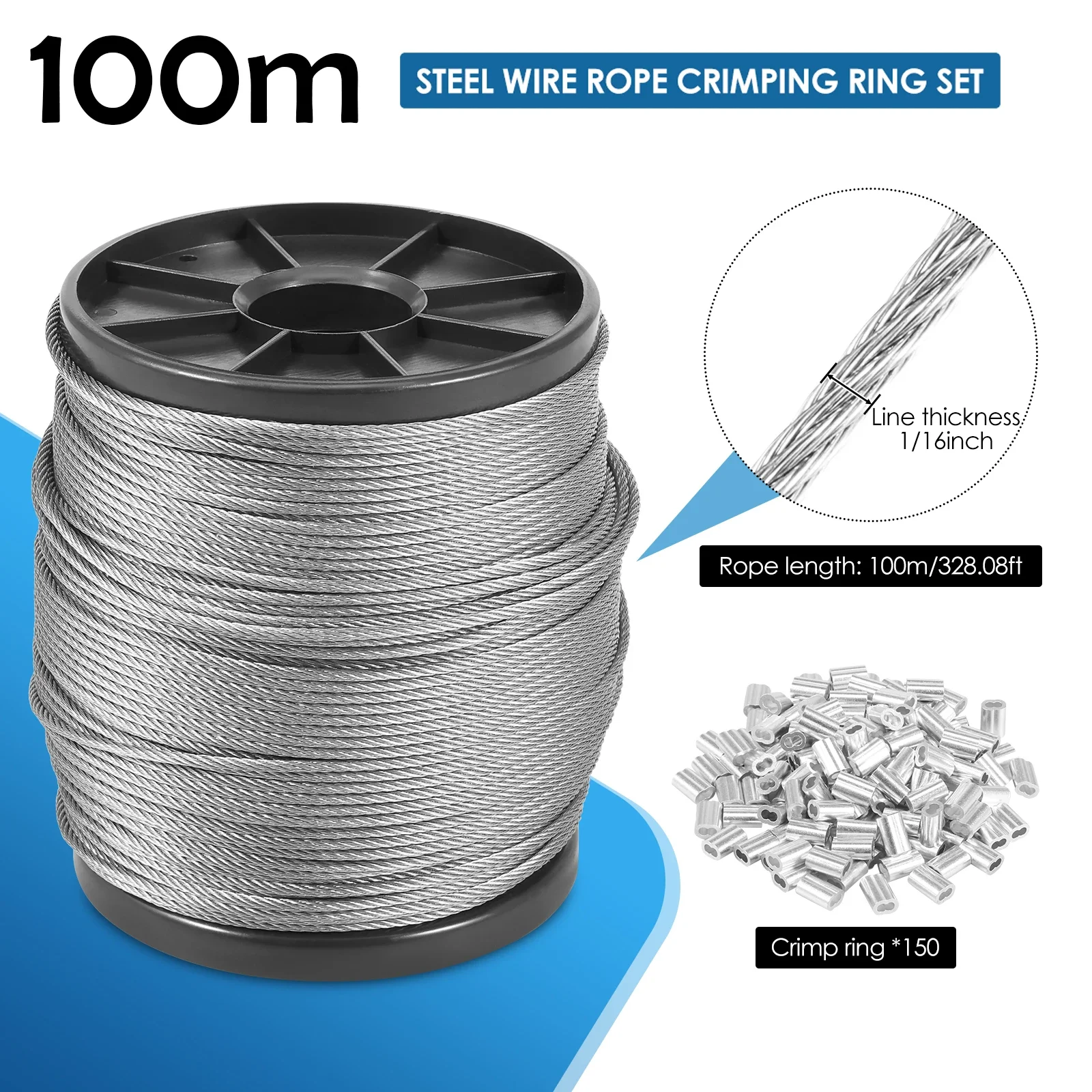 100m 304 Stainless Steel Cable 328ft  1/16inch  Wire Rope with 150Pcs Aluminum Sleeves Stops for String Lights Hanging, Clothesl