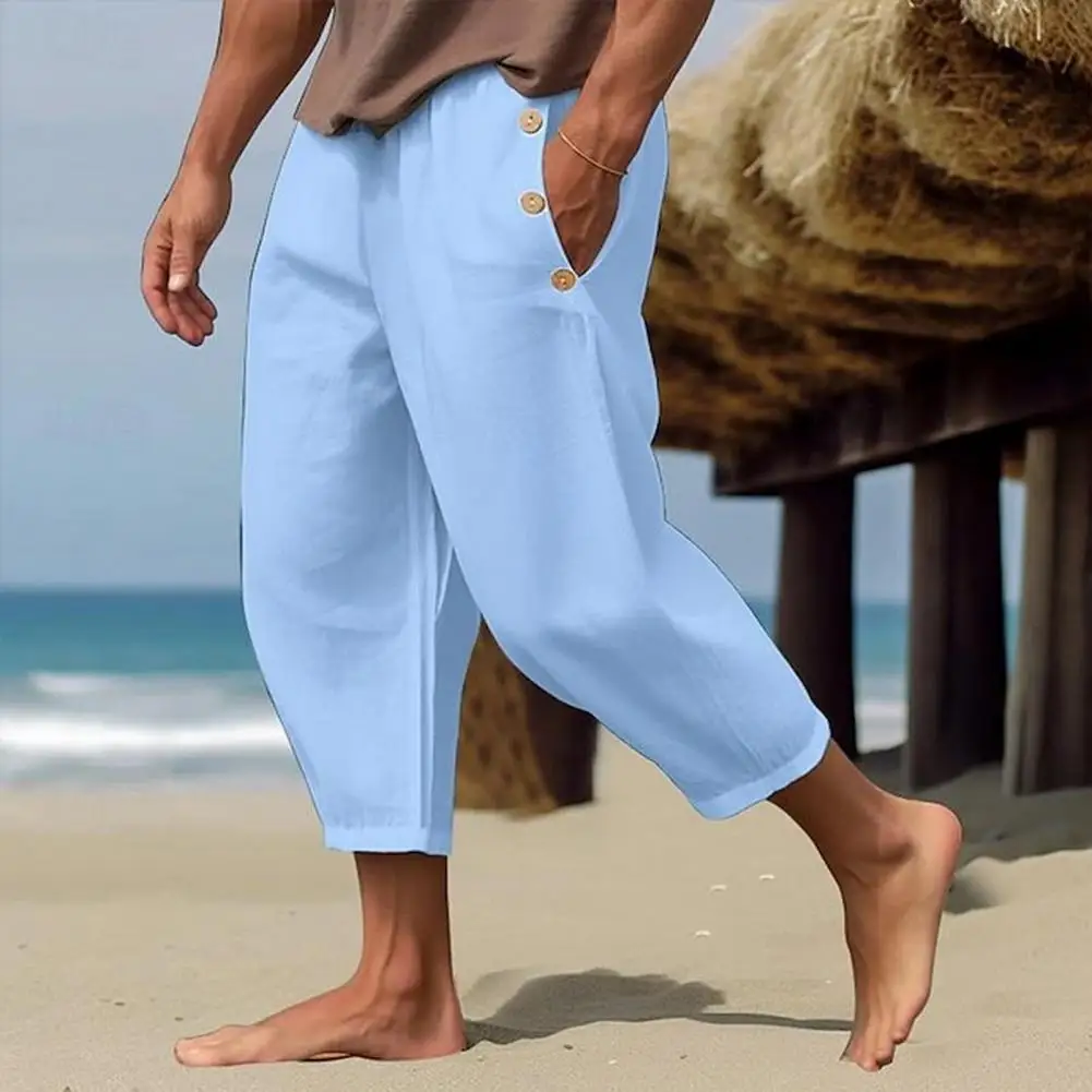 

2024 Summer Mens Linen Cropped Pants Oversize Loose Feet Forked Pencil Pant Fashion Casual Pantalones Beach Trousers Streetwear