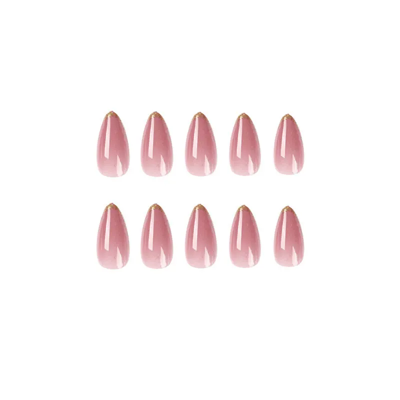 24pcs/box wearable nude pink French gold edge glitter manicure medium water drop shape fake nails