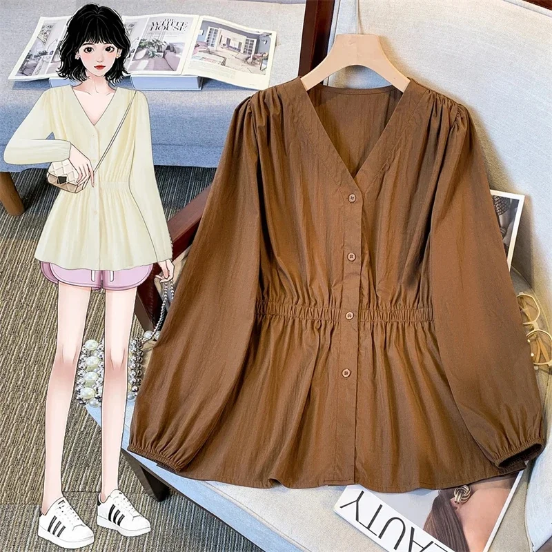 Women's Spring Autumn Top Women's New Design Long Sleeve Solid Color Shirt 2025 Slimming Shrinking Waist to Reduce Age Commuting