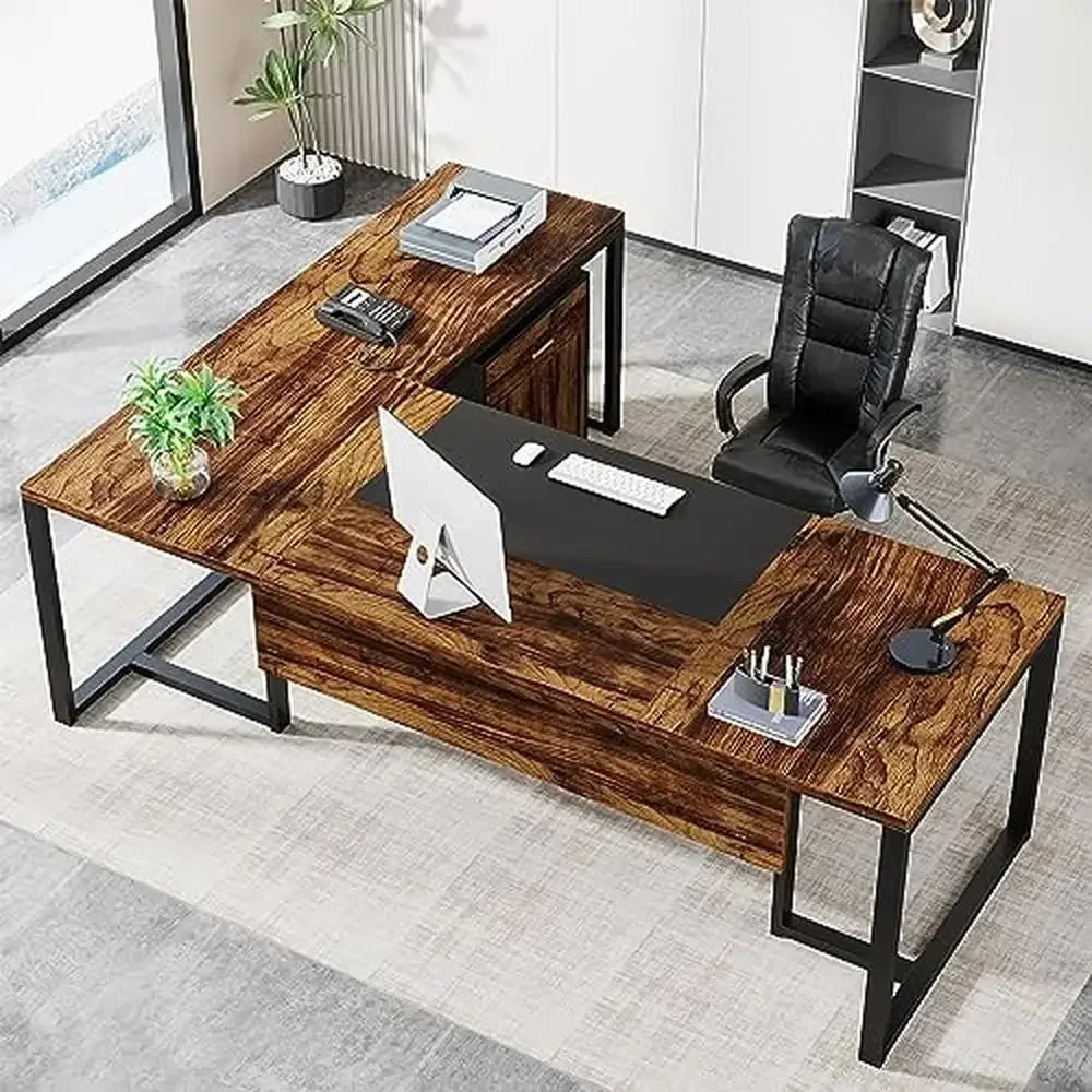 70.8" L-Shaped Office Desk with File Cabinet & Storage Modern Executive Desk Home Office Study Gaming Rustic Brown & Black