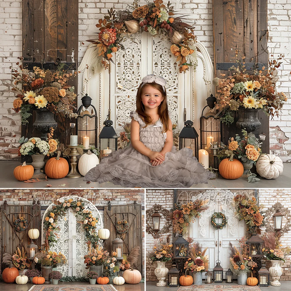 Fall Backdrop Lanterns Pumpkins Flowers White Ornate Lace Screen Candles Wreath Brick Wall Background Photo Studio Photo-call