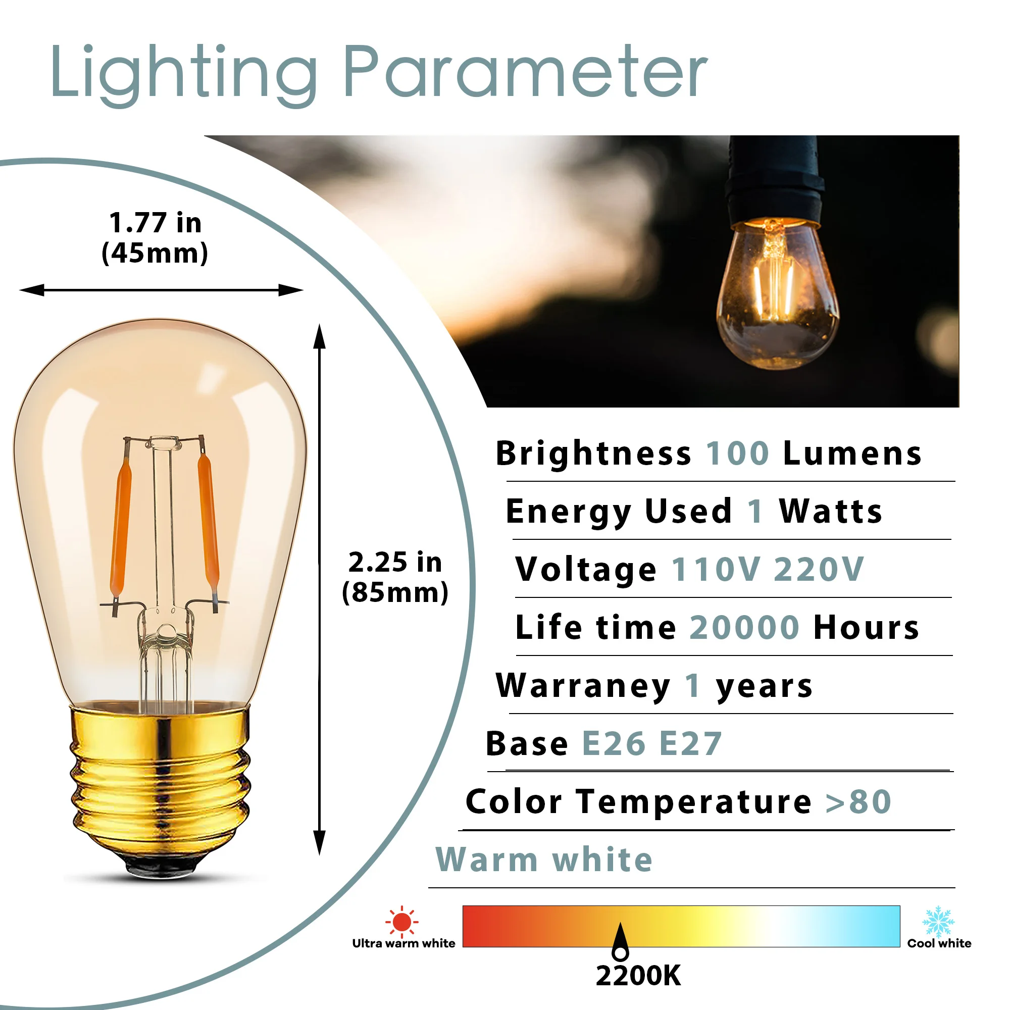 2PCS ST45 S14 1W LED Edison Light Bulbs Vintage Gold Tint Glass E27 Replaces 10Watt Incandescent Bulbs For Pendant Light Fixture