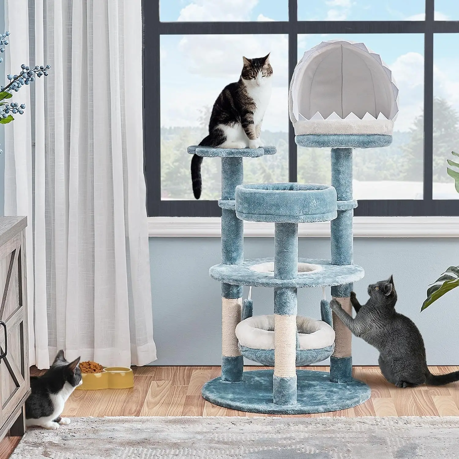 45.5in Ocean-Themed Cat Tree Multi-Level Cat Tower, Plush Cat Furniture with Shark's Mouth-Shaped Nest, Sea Star-Shaped Perch