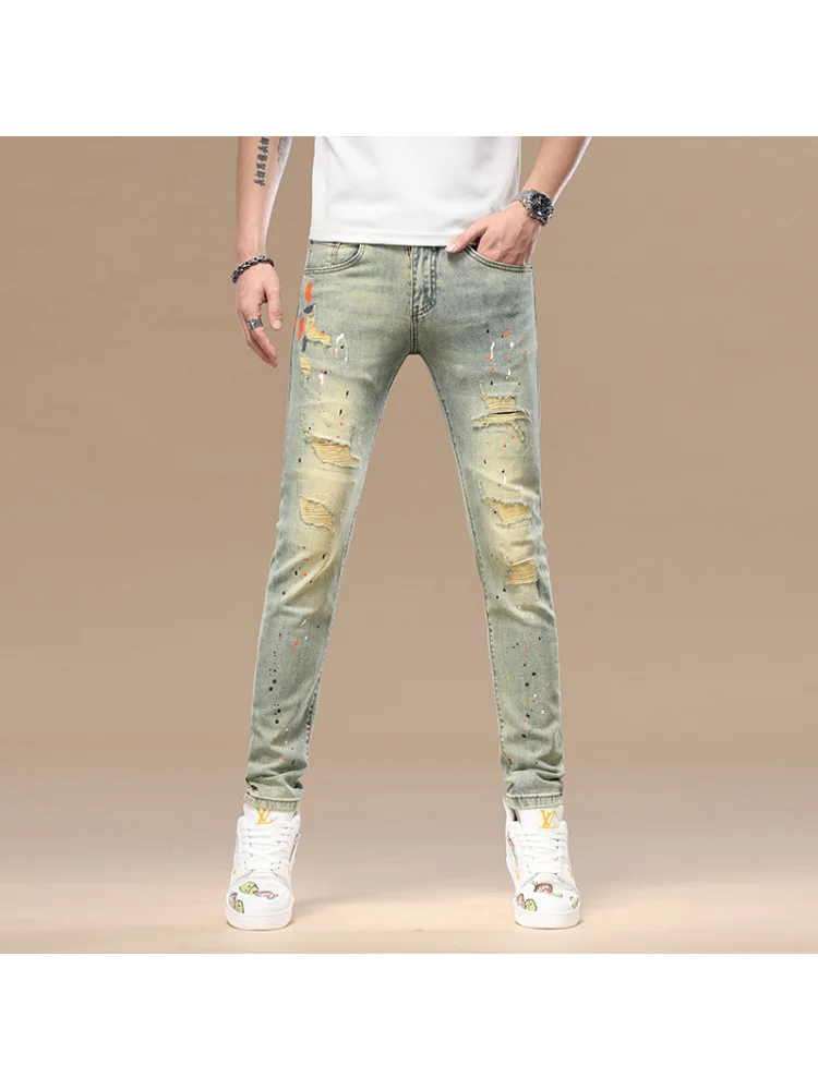 جينز ريترو عالي الجودة للرجال مقاس تسعة بوصات بقصة ضيقة وأقدام صغيرة حبر مرن 2025 ربيع/صيف سراويل عصرية مرنة جديدة