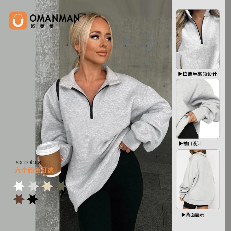 Women's Sweatshirts Neutral Wind Long Sleeve Loose Turn Down Zipper Collar Outwear Casual Streetwear for Autumn and Winter