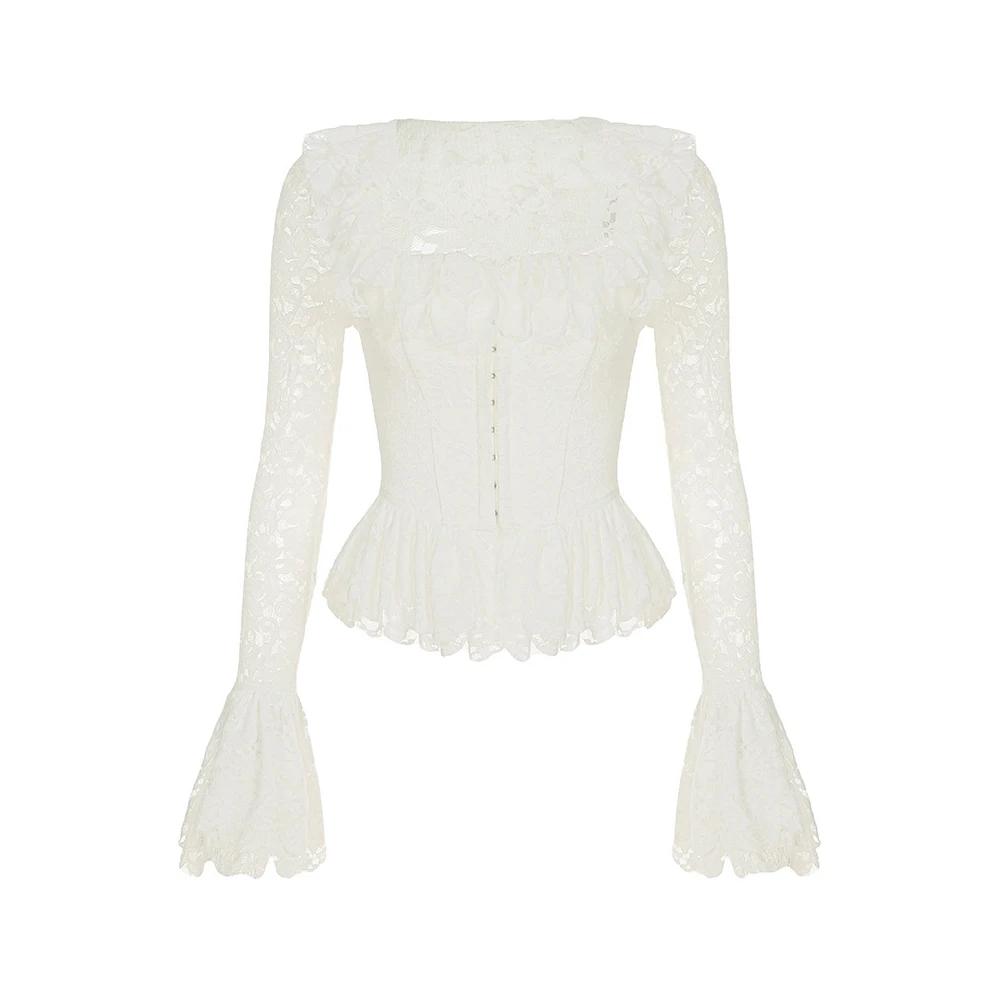 الدانتيل ساحة الرقبة طويلة الأكمام قمة الموضة واحدة الصدر سليم صالح المرأة الخريف كشكش المحاصيل الأعلى الشارع الشهير الأساسية القمصان الأبيض