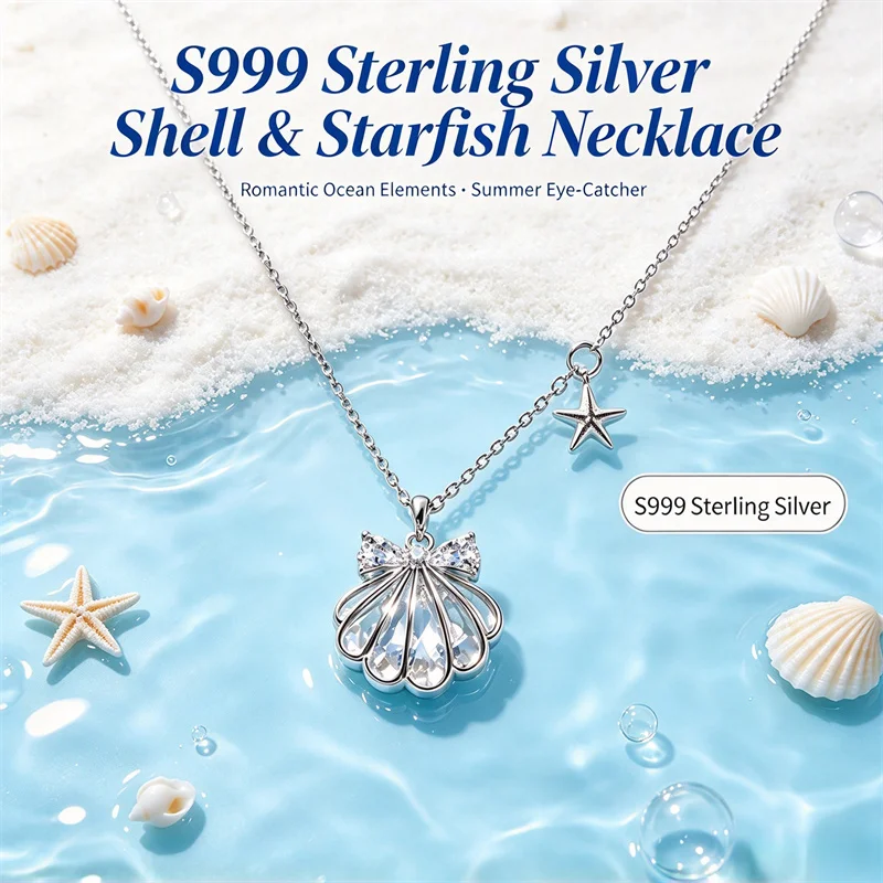 OUYADI Ladies S999 Silver Clavicle Necklace, Shell Shape with Zircon & Tiny Starfish Charm Ocean Jewelry Gift
