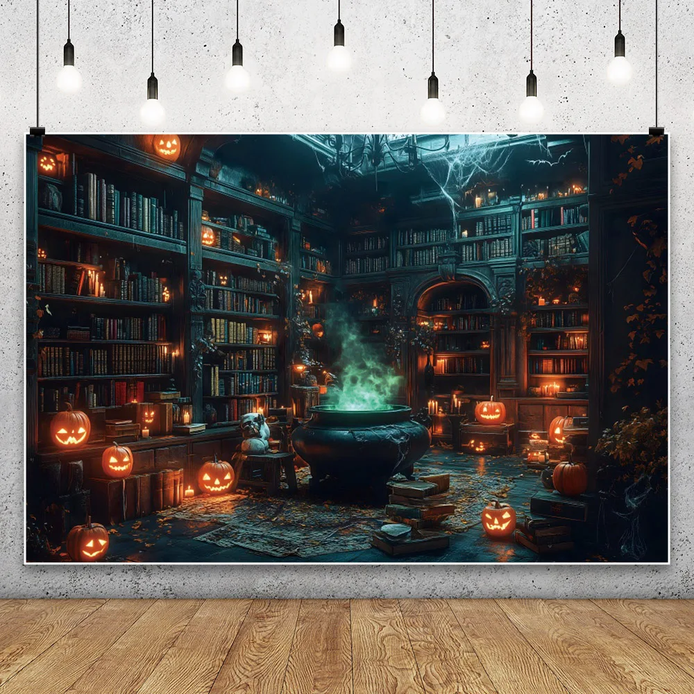 Halloween Scary Castle Pumpkin Lights Background Dilapidated Wooden House Vintage Bookshelf Black Cat Magic Potion Backdrop Prop