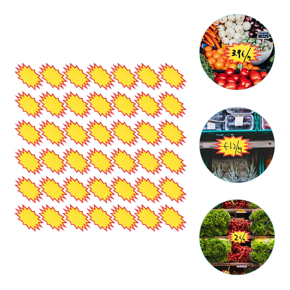 

100 шт. ценников в форме взрывной вспышки, бумажные ценники для распродаж в гаражах, розничных магазинах, рекламные наклейки, вывески для демонстрации товаров