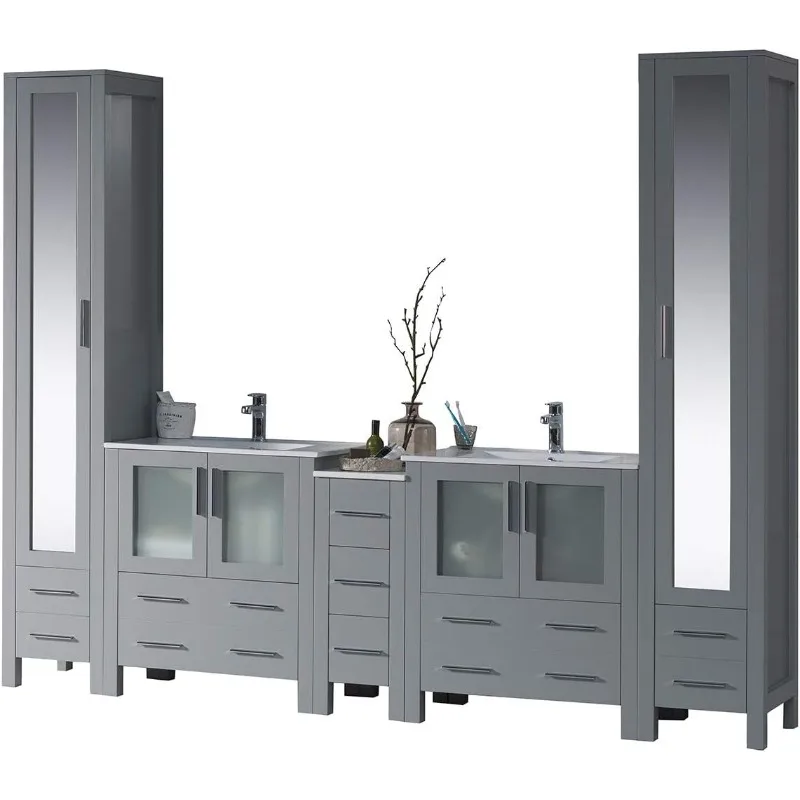 casa.102-In. Vanity da bagno doppio in legno massello con lavandini in ceramica, armadietto laterale e armadio in lino con doppio specchio |   Freestandi