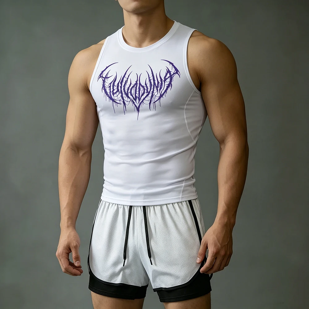 Ensemble d'entraînement 2 pièces pour homme : Débardeur de compression sans manches imprimé motif gothique 'Drip Thorn Font' et short double couche avec poche et anneau porte-serviette