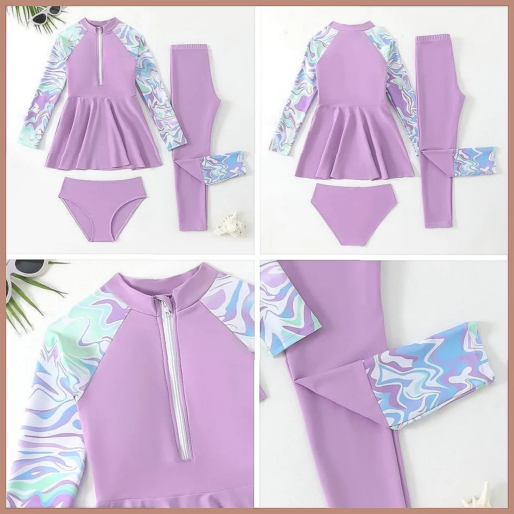 Mädchen 3-teiliges Badeanzug-Set Langarm Burkini Strandkleid Hose Kinder 6-12 Jahre