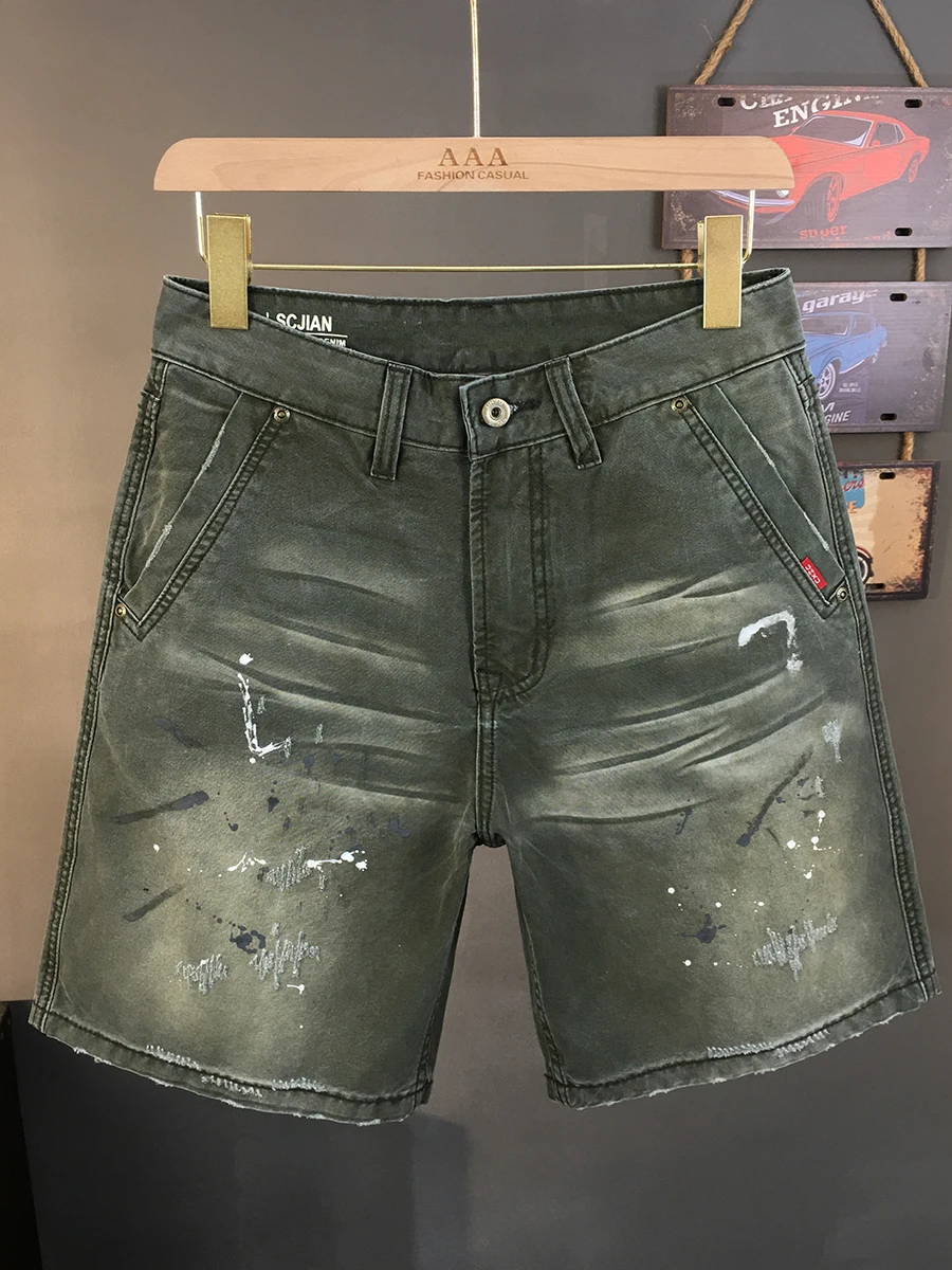 

Men's 100% Cotton Cargo Shorts Summer Washed Splatter Paint & Distressed Details Vintage American Regular Straight Mid-Length