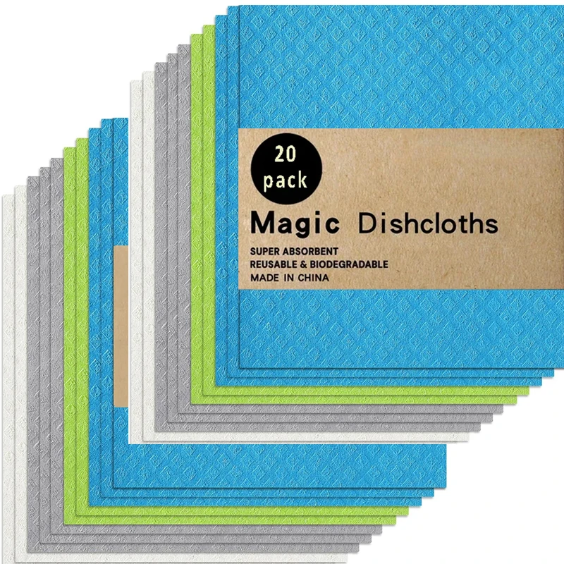

20 шт., волшебная ткань для чистки, шведские кухонные салфетки для кухни, впитывающая тряпка, полотенце, целлюлозные тряпки для мытья посуды, многоразовые салфетки для мытья посуды