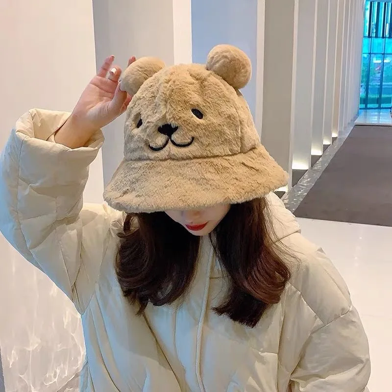 Plush Bear Fisherman Hat Fahsion Autumn and Winter Outdoor Warm Cute Cartoon Bucket Cap Soft Velvet Hat for Women Birthday Gift