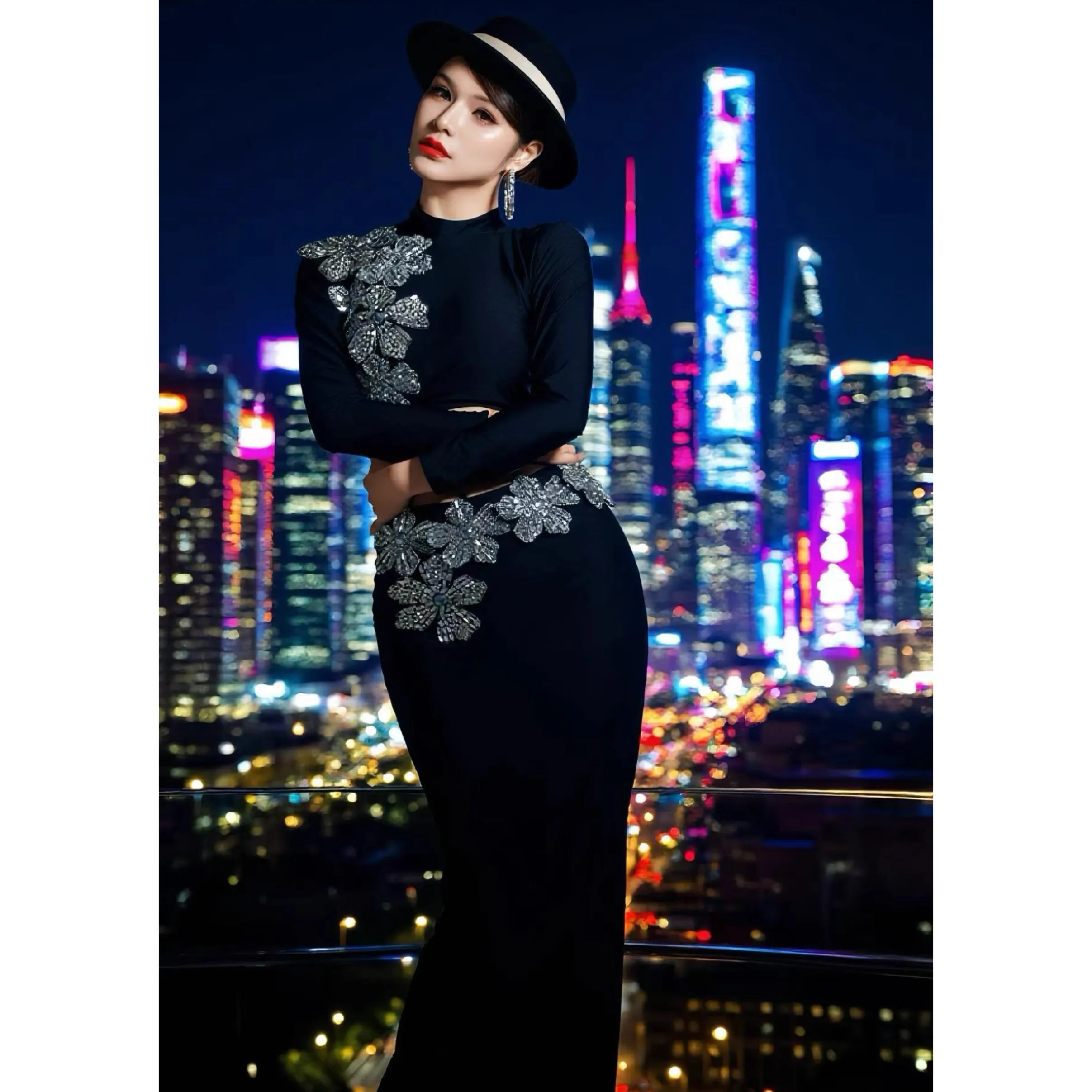 2025 novo vestido de festa sexy diamante preto split vestido boate bar dj trajes desempenho gogo dançarino cantor palco wear dn21886