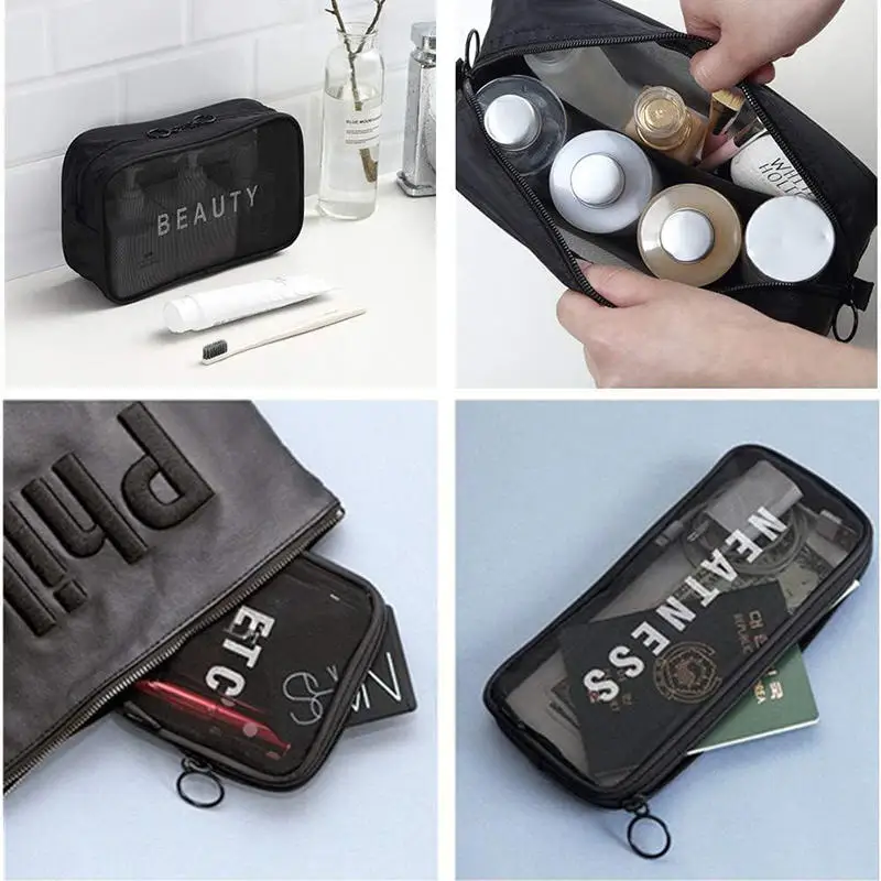 

Прозрачная сетчатая косметичка, женская дорожная косметичка для мытья туалетных принадлежностей, чехол для хранения, сумки для макияжа на молнии с буквенным принтом, 3, размеры