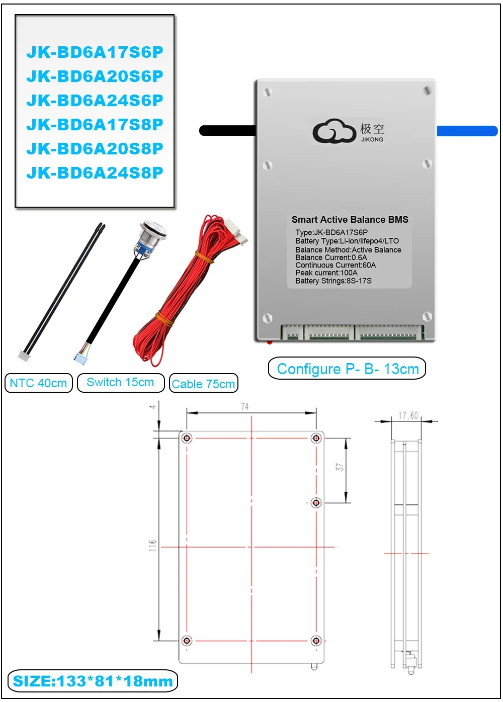 Умный активный баланс тока Bluetooth BMS 1A 2A 16S 20S 24S JK-B1A20S15P для телефона