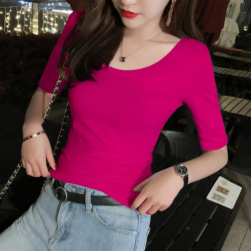 

Женские повседневные однотонные летние хлопковые футболки 20%, тонкие дизайнерские футболки, летние стильные блузки с короткими рукавами и рукавами семь четвертей