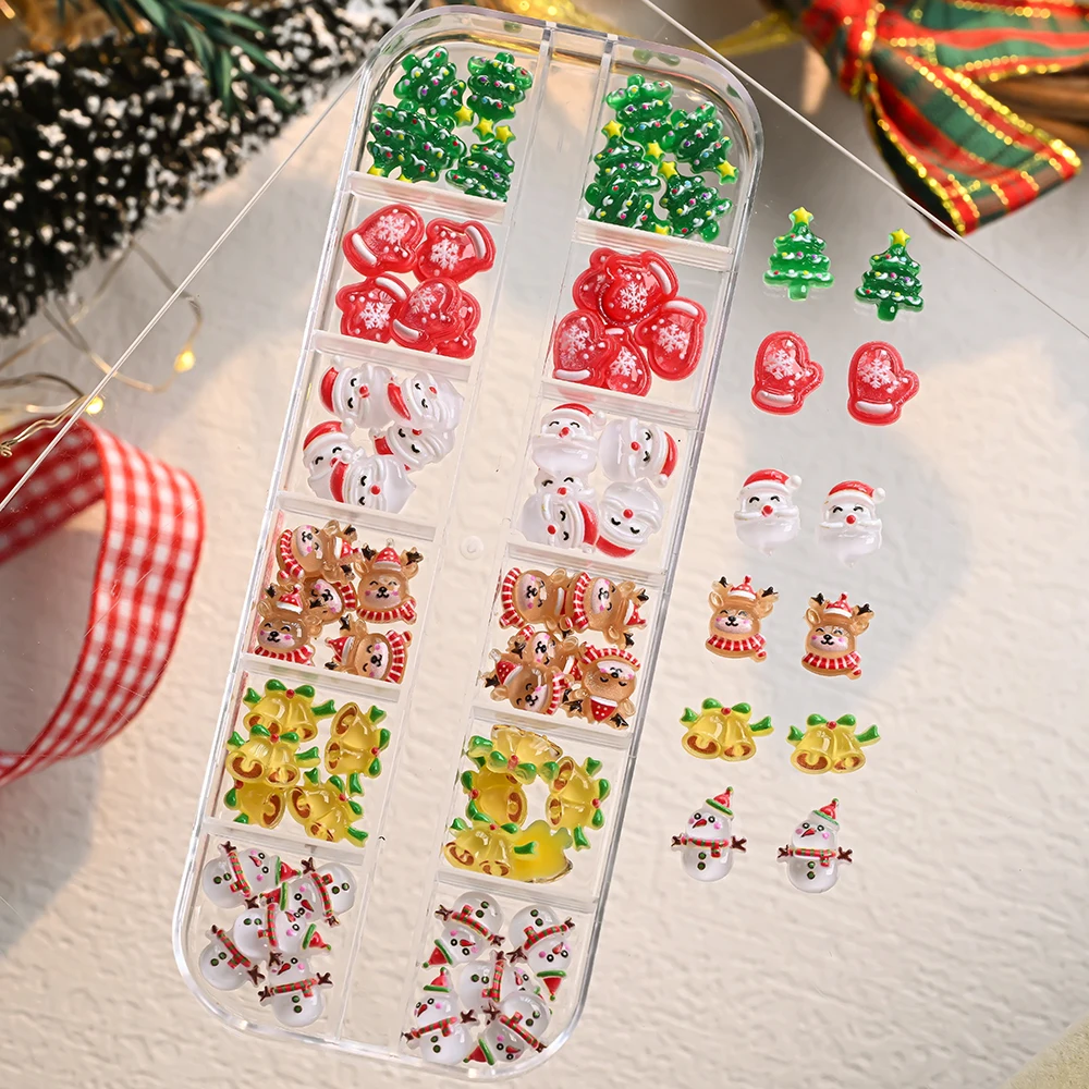 12Grids 3D Cartoon Christmas Nail Art Accessories Cute Xmas Tree Santa Claus Bell Nail Charms Rhinestone DIY Christmas Manicure﻿