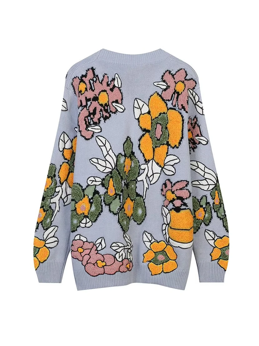 2024 New Knitted Women Floral Sweater Long Sleeve Knitwear Casual Loose Outwear Female Jacquard Tops C-306