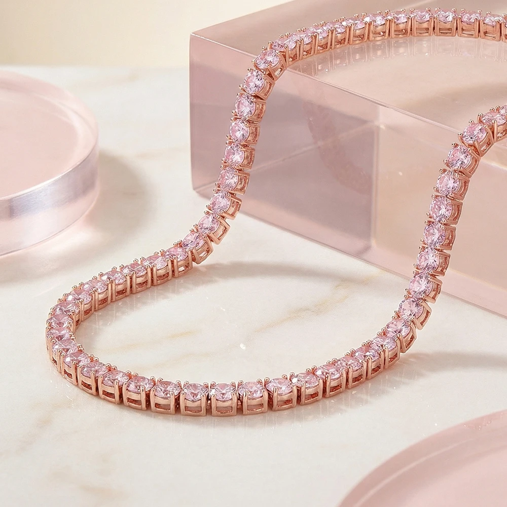 

Brass 16-24 Inch Tennis Necklace Unisex Rose Chain Pave 3/4/5/6mm Pink Cubic Zircon HipHop Rock Jewelry