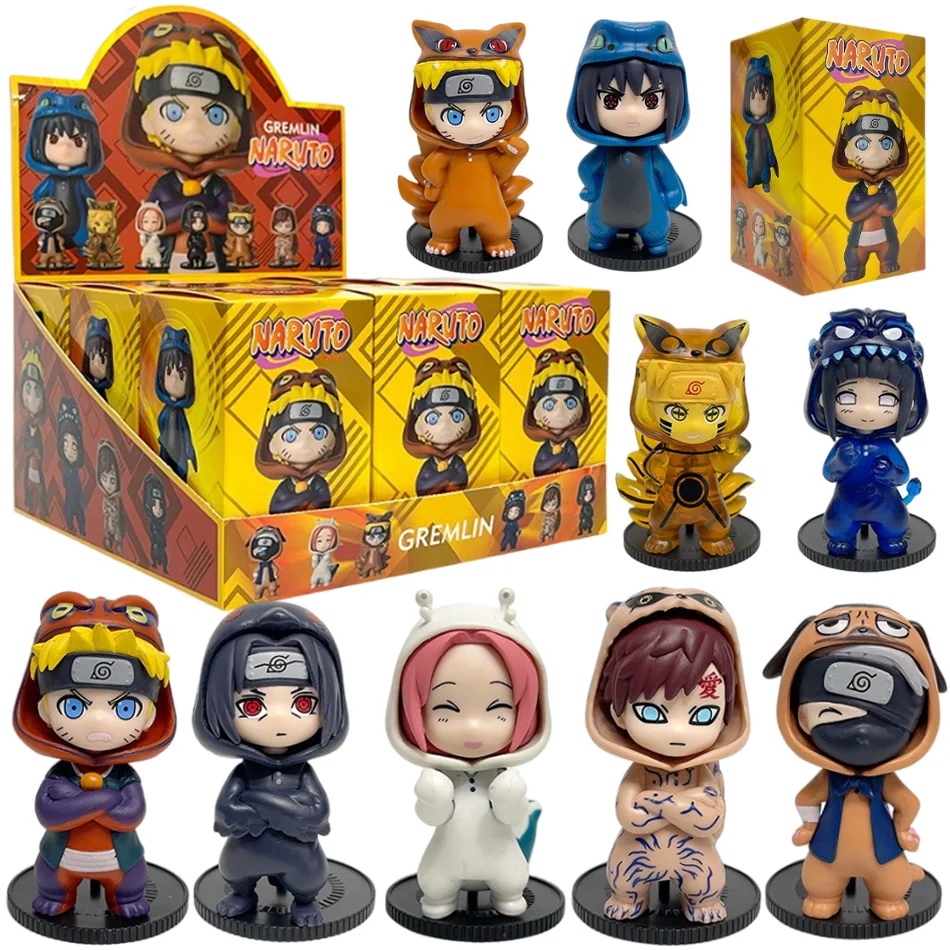 Anime 8cm Naruto 9 Uds conjunto caja ciega aleatoria Haruno Sakura Kakashi Sasuke figura de acción película modelo juguete cumpleaños regalo de Navidad