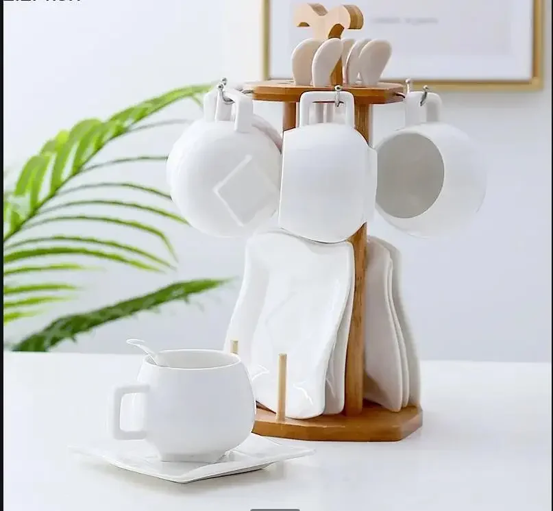 European Coffee Cup Combination 6 Cups with Spoon Coffee Set Ceramic Simple Afternoon Tea Set Cup Holder Set Tea Cup