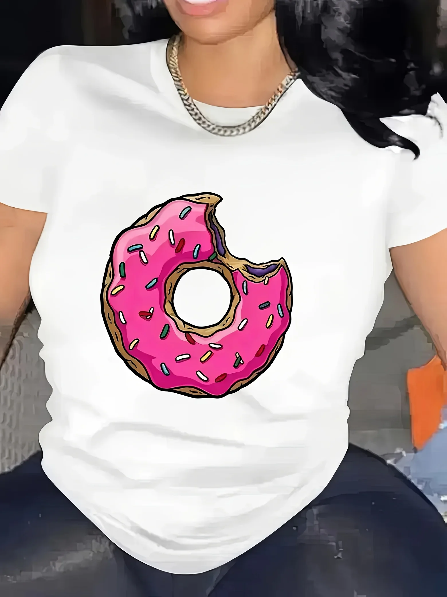 Women's Casual Graphic T-Shirt Pink Donut Design Short Sleeves Crew Neck Spring/Summer Casual Wear Playful Print Comfortable Fit