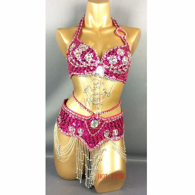 Costumi di danza del ventre da donna di lusso Set perline di cristallo Nappa con frange e paillettes Abiti da palcoscenico Costumi di performance per cantanti