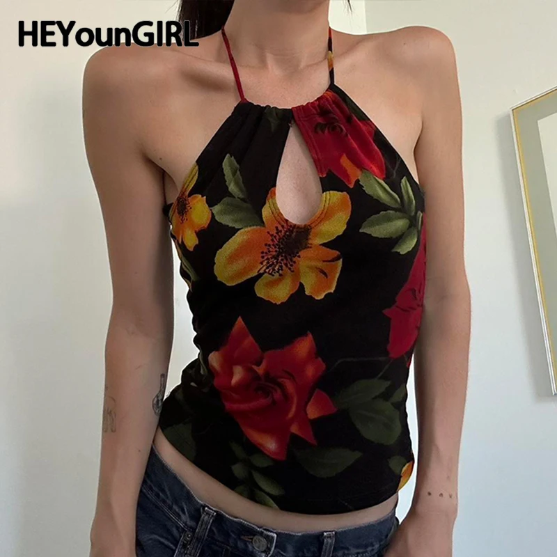 HEYounGIRL Vintage Floral Print Backless Cami Top Cut Out Front Women Sexy Halter Tank Tops Y2K Fashion Slim Vest Summer Outfits