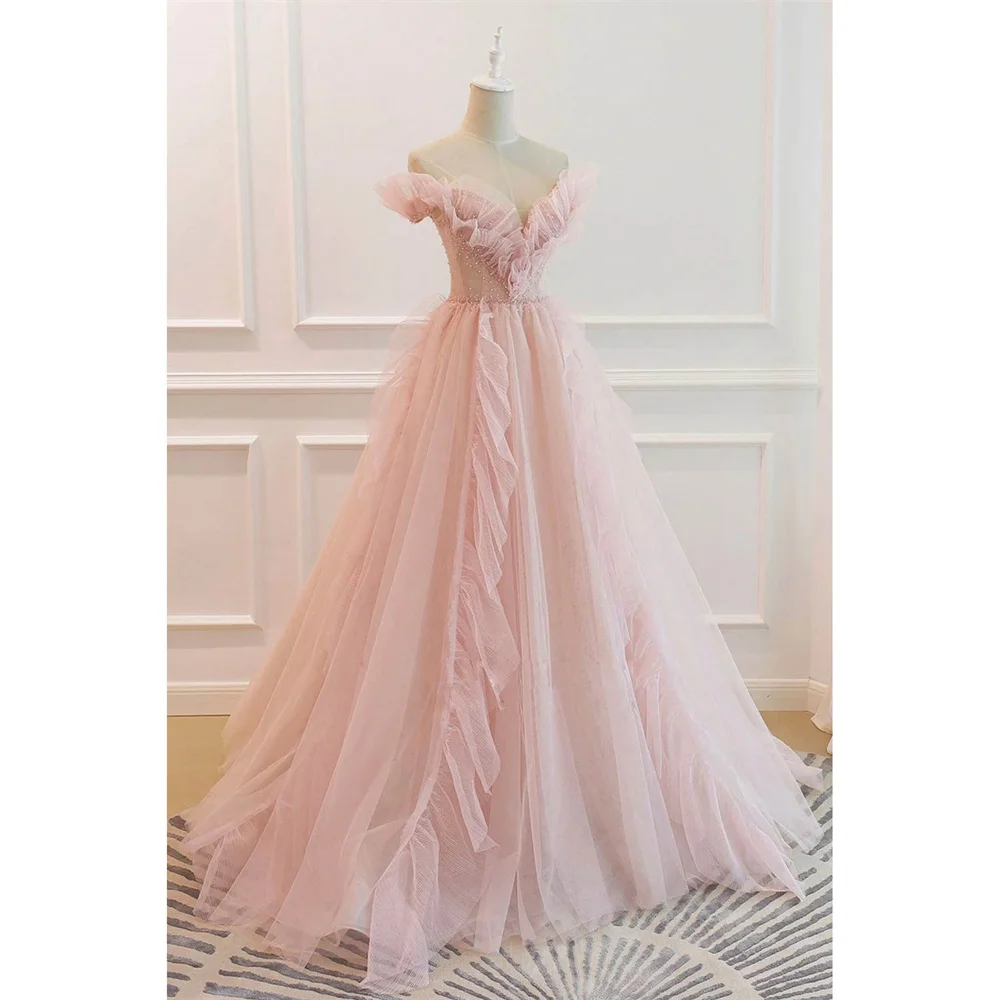 Lily Pink Tulle Charming Prom Dress Gown A-Line Formal Gown Beading Off The Shoulder Evening Gown Custom Size vestidos de noche