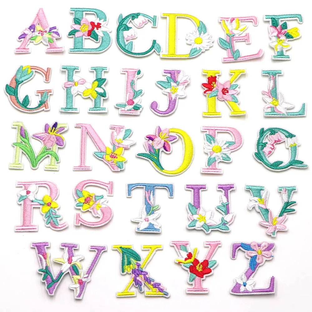 1PC Colorful Floral Alphabet Embroidery Patches A-Z Flower Letter Iron On Applique DIY Name Clothing Backpack Throw pillow Hat