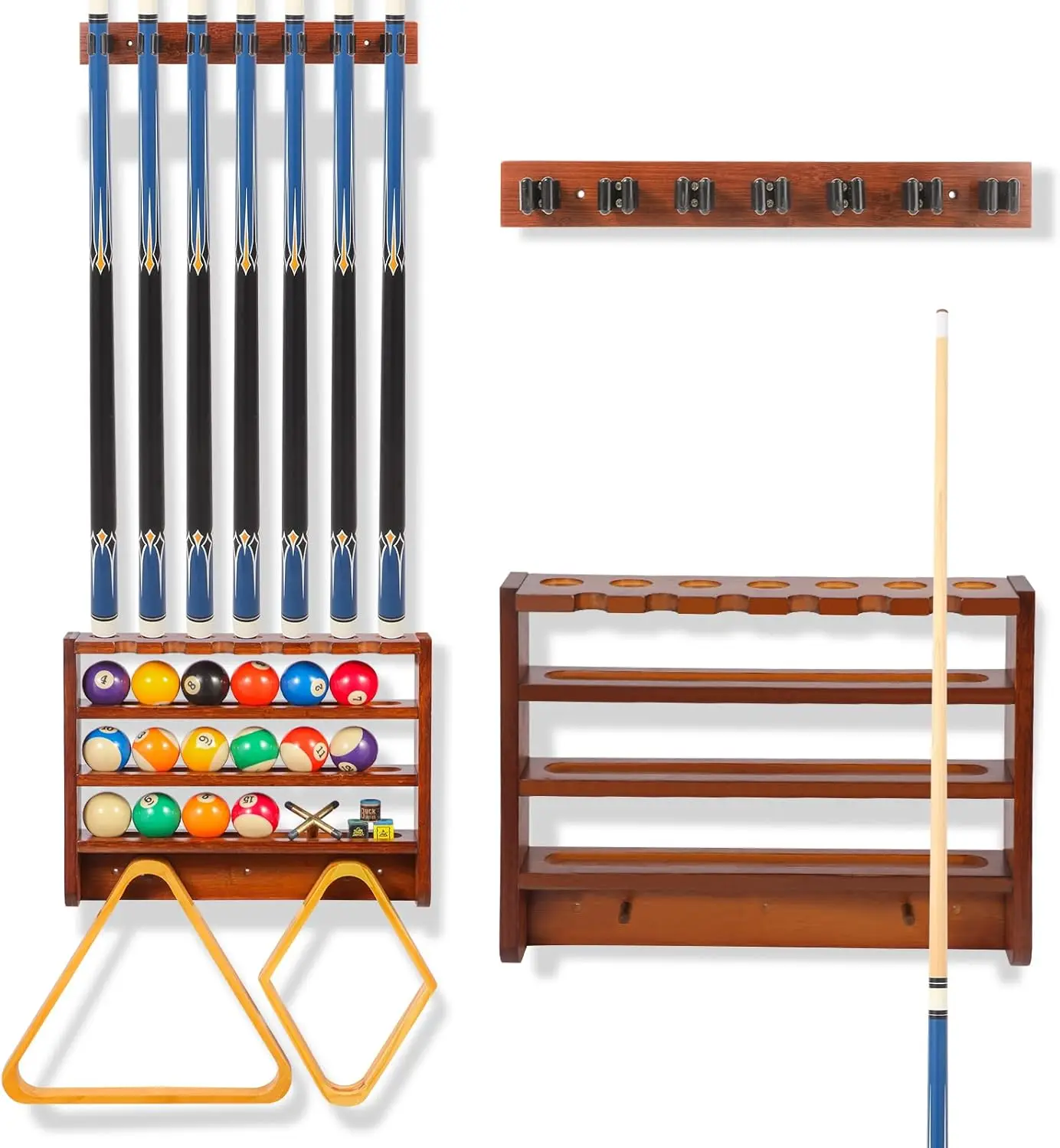 

Wooden Pool Cue Rack Wall Mount with Ball Holder, Game Room Organizer for Billiards Accessories - Brown